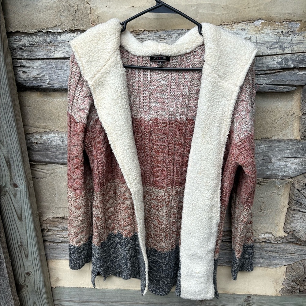 Lety & Me Cozy Multicolor Knit Sherpa Trim Open-Front Cardigan with Hoodie M